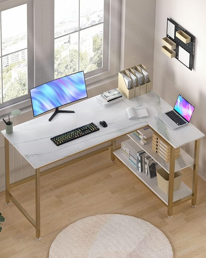 L Shaped Computer Desk - Home Office Desk with Shelf, Gaming Desk Corner Table for Work