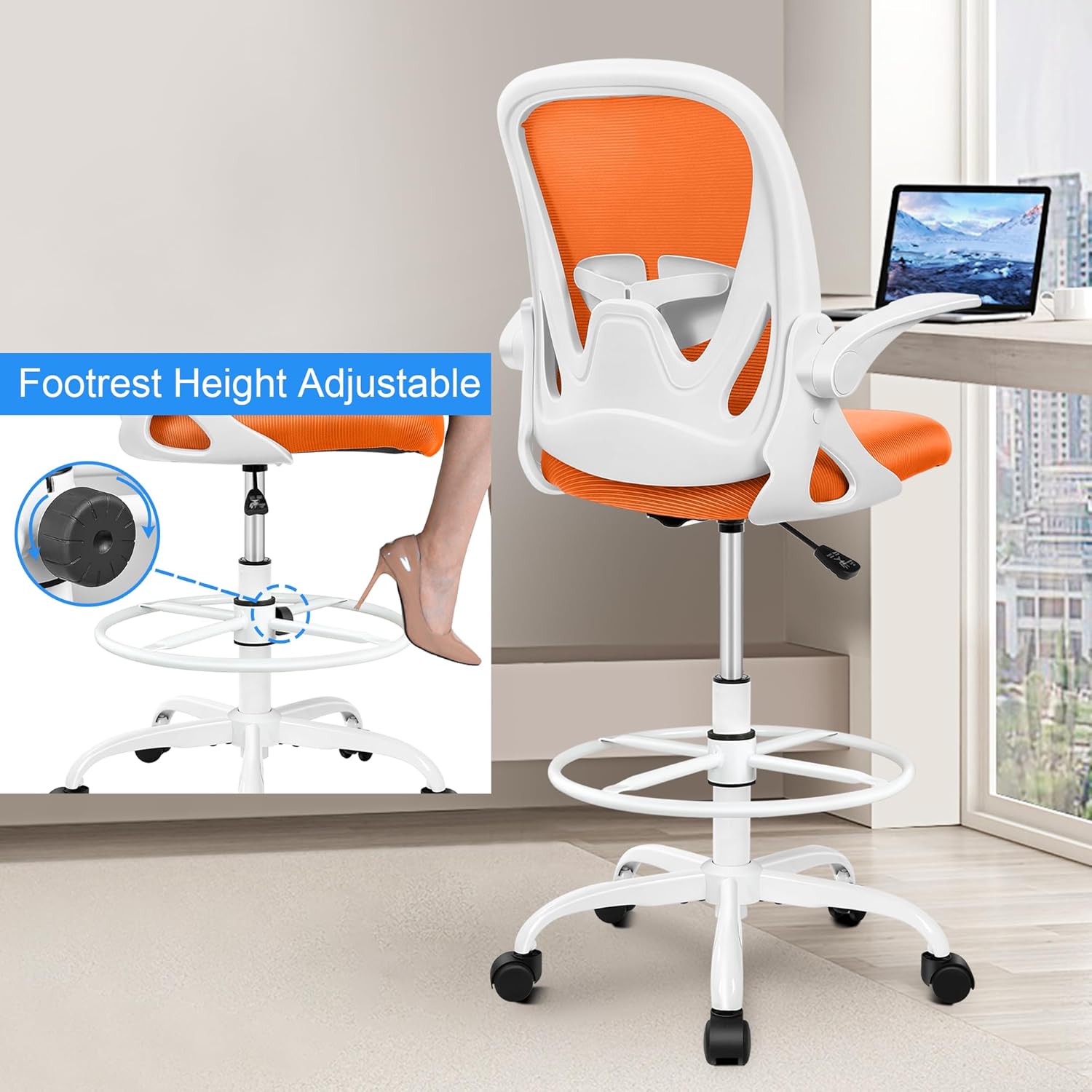 Drafting Chair Tall Office Chair with Flip-up Armrests Executive Ergonomic Computer Standing Desk Chair