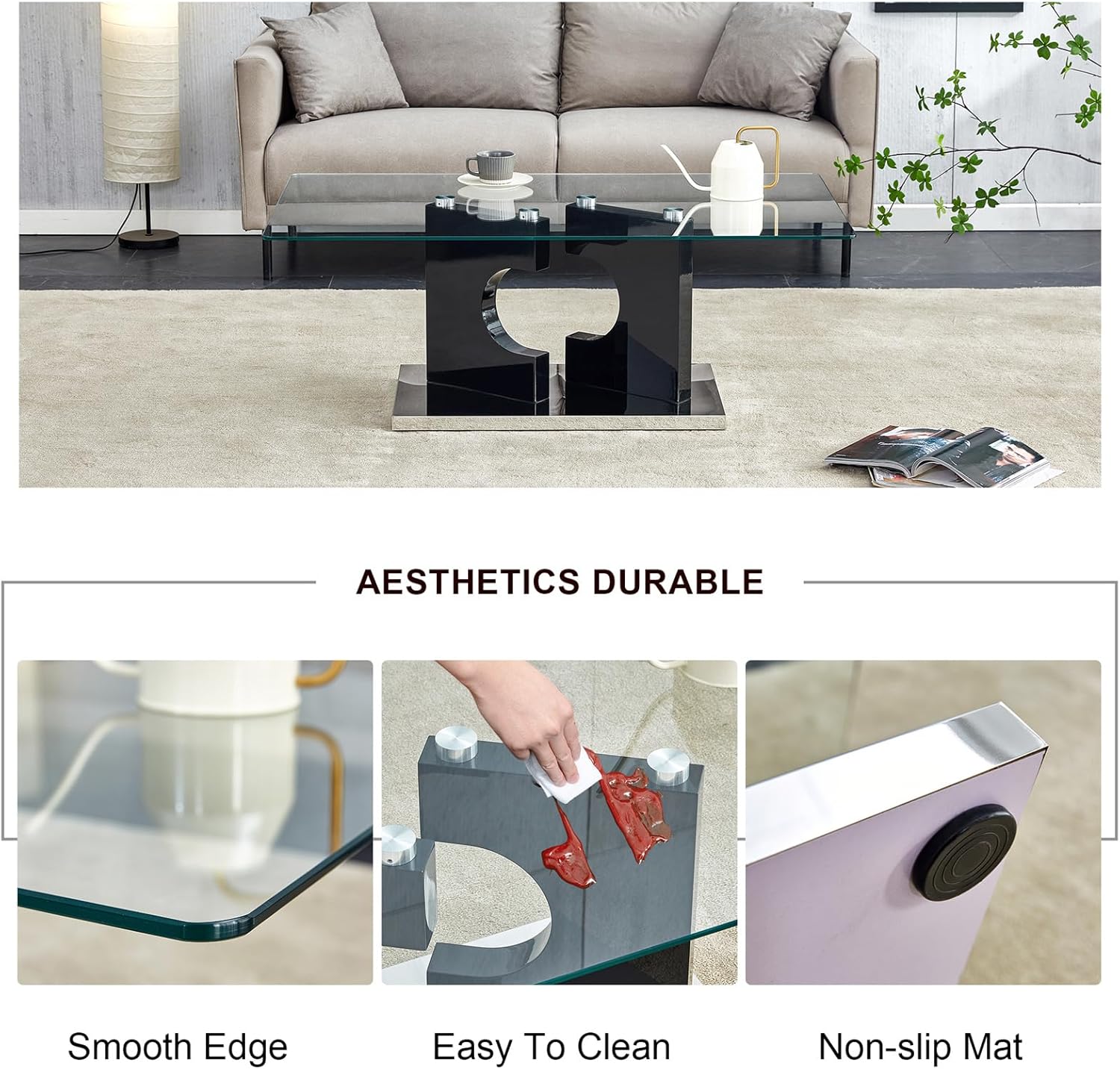 Rectangle Coffee Table, Clear Coffee Table with Tempered Glass Top