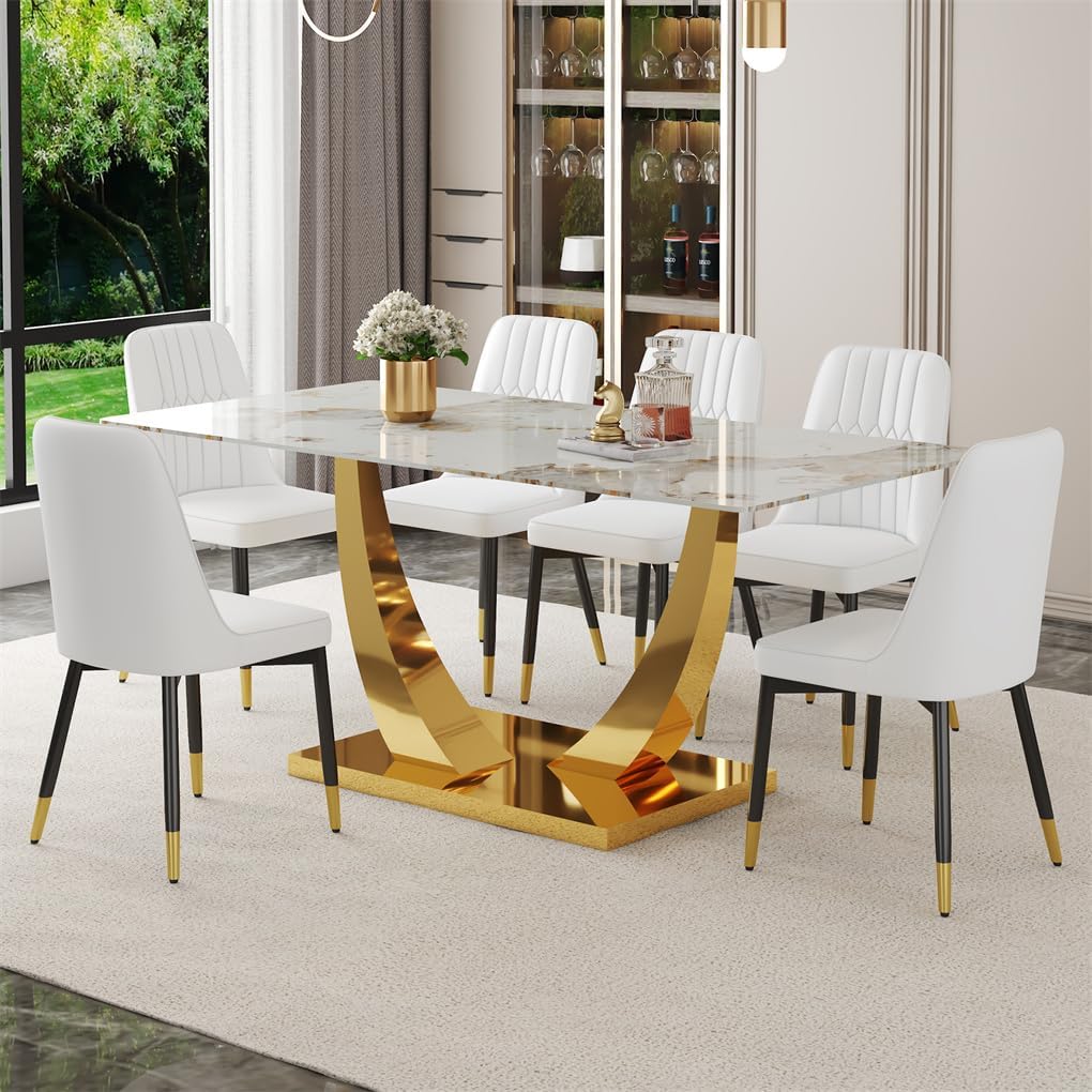 Dining Table Set for 6, 7 Pieces Rectangle Faux Marble Dining Table Set & 6 PU Upholstered Chairs