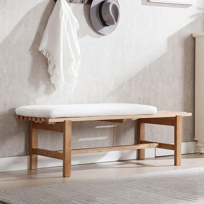 51'' L Wood Ottoman Bench, Modern 2-Person Sherpa Dining Bench Upholstered End of Bedromm Bench