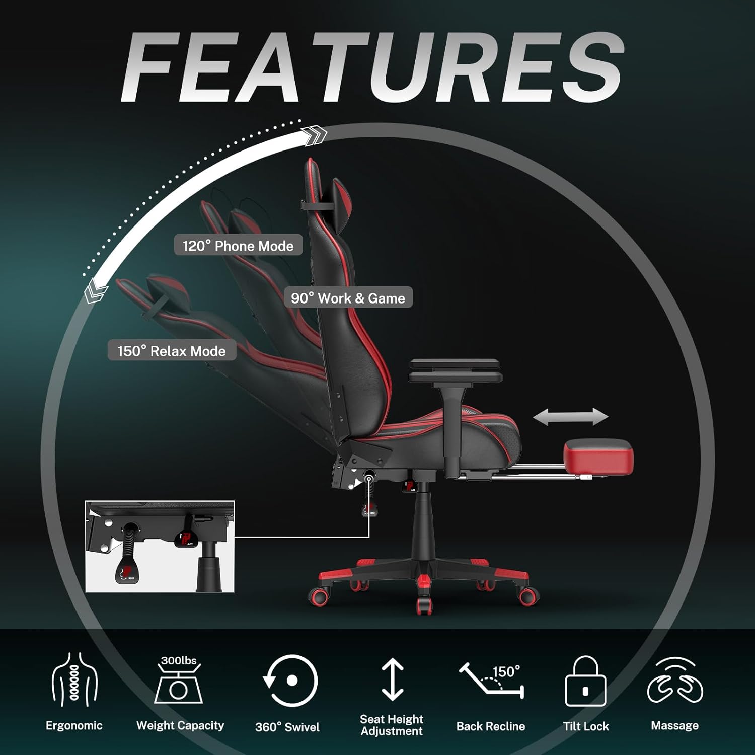 Leather Ergonomic Gaming Chairs for Adults with Massage Lumbar Support & Headrest for Office Work