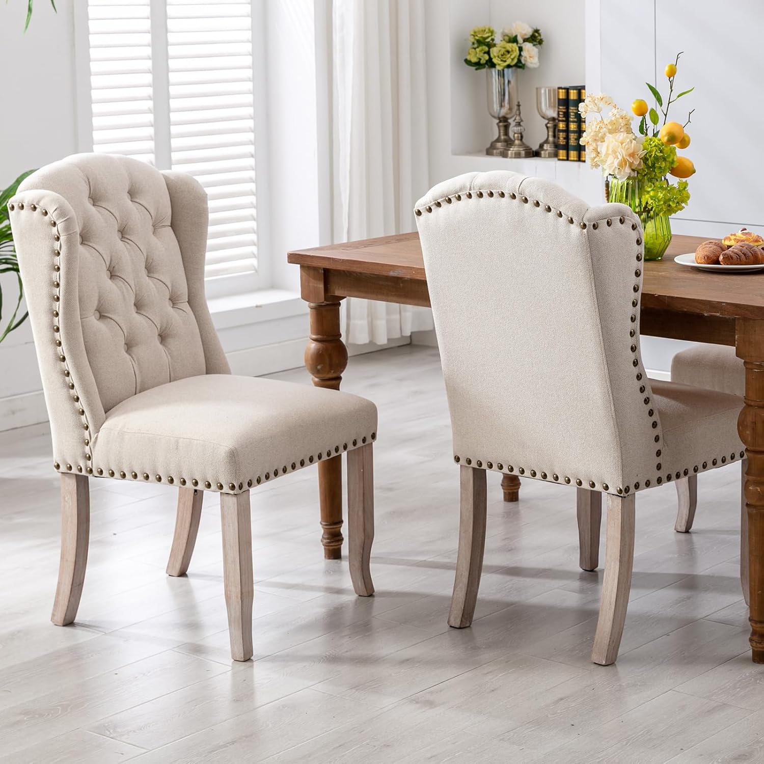 Modern Tufted Dining Chairs Set of 2, Linen Upholstered Dining Room Chairs