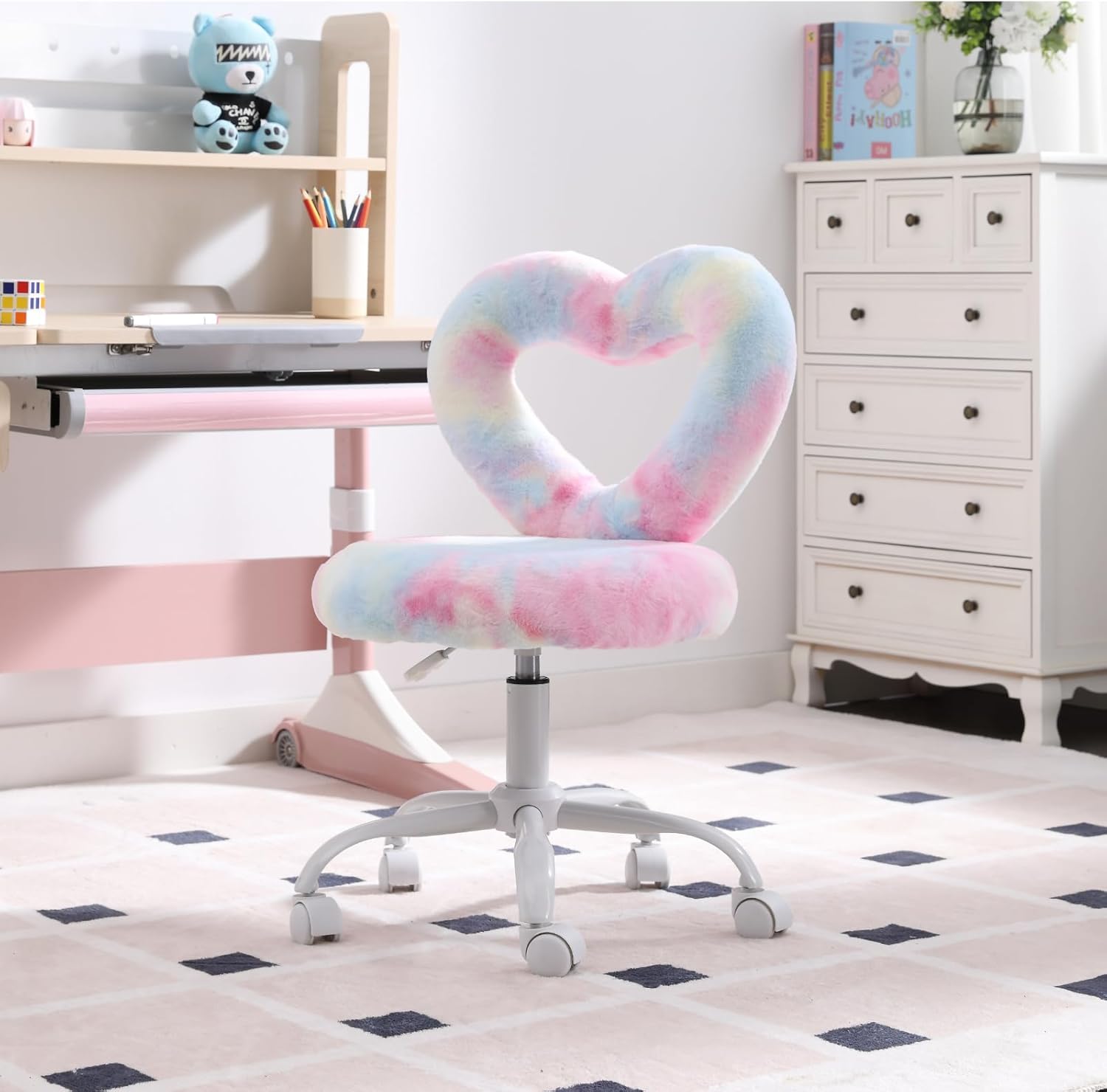 Faux Fur Kids Desk Chair, Heart Back Upholstered Computer Chair for Boys and Girls