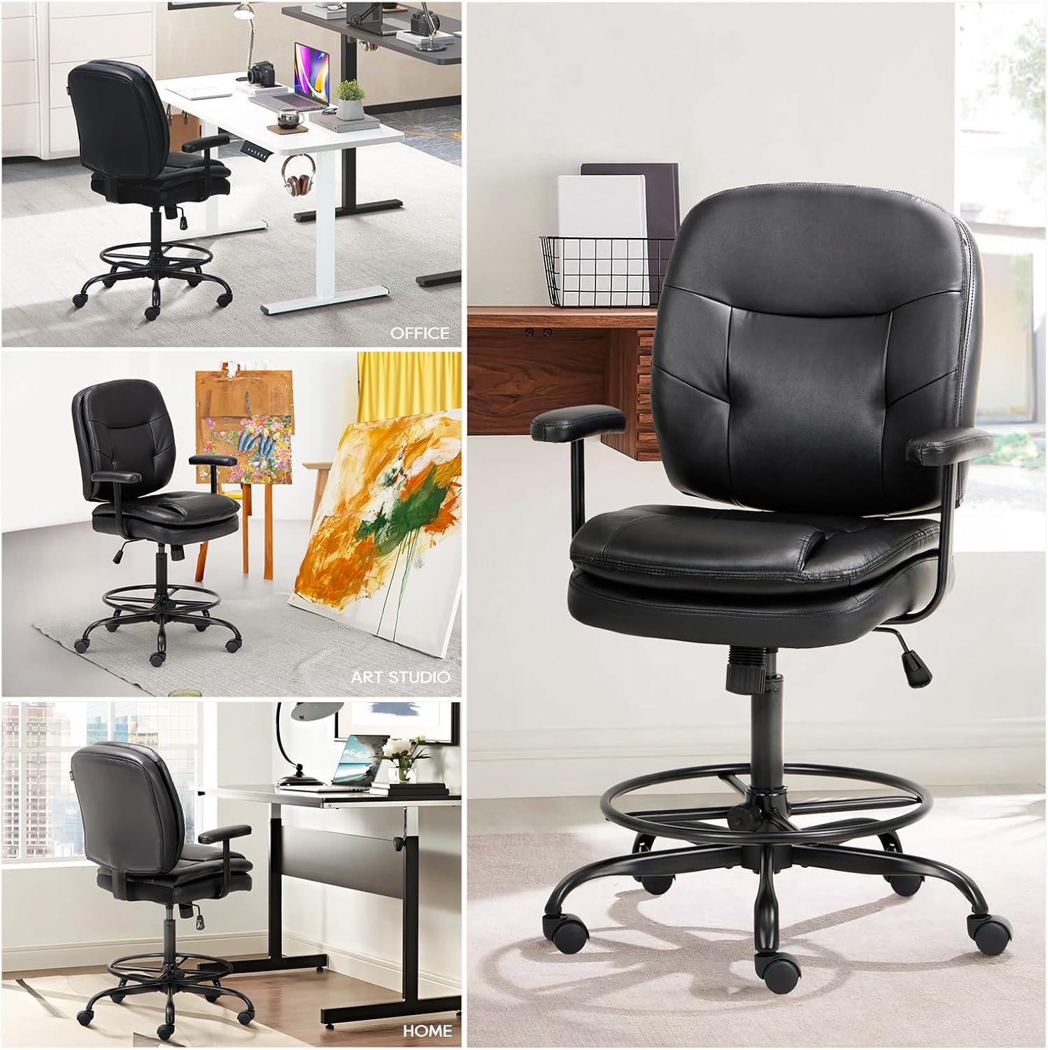 Leather Drafting Chair-Tall Office Chair 275lbs, Standing Desk Chair with Adjustable Footrest Ring, High Office Counter Height Desk Chair Black