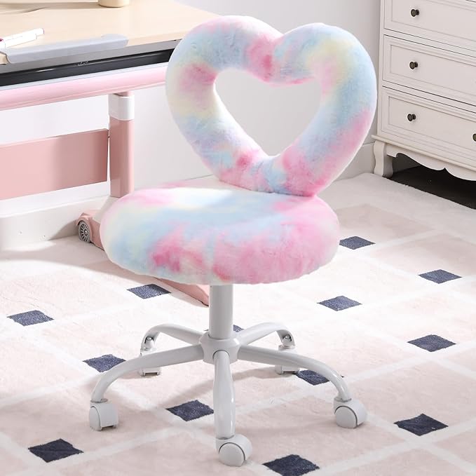 Faux Fur Kids Desk Chair, Heart Back Upholstered Computer Chair for Boys and Girls