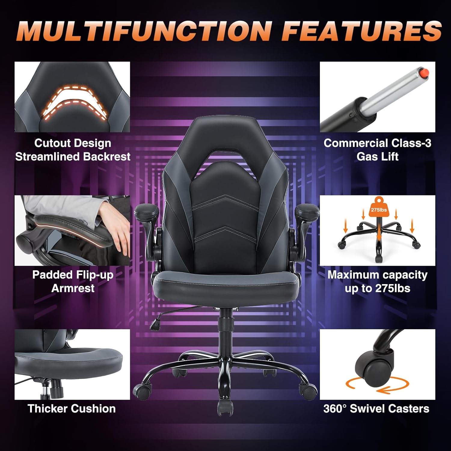 Computer Gaming Ergonomic Office Chair Seat with Lumbar Support Adjustable Height
