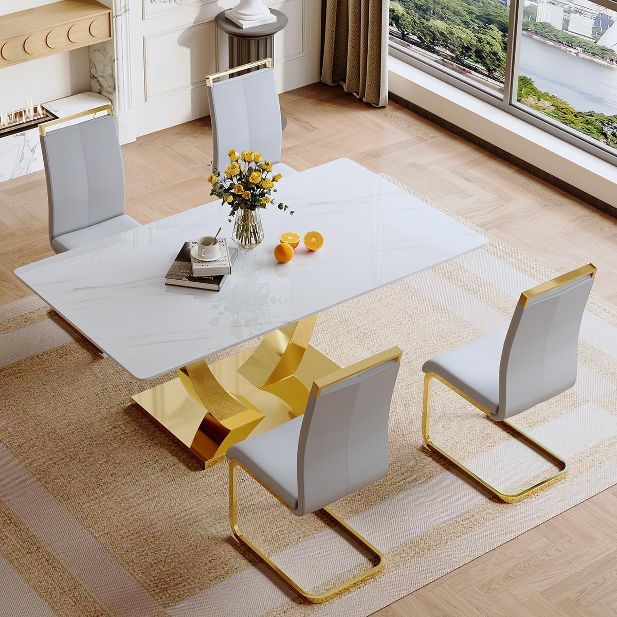 White Dining Table Set for 4, Faux Marble Dining Table with Stainless Steel Leg and Base