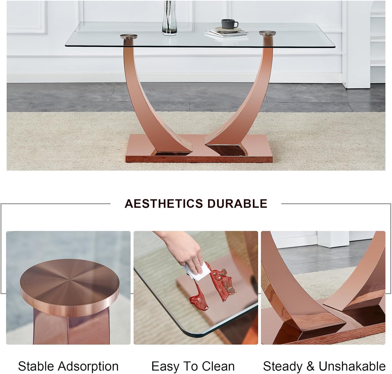 Glass Dining Table, 63" Glass Tabletop + Stainless Steel Leg + Stainless Steel Base