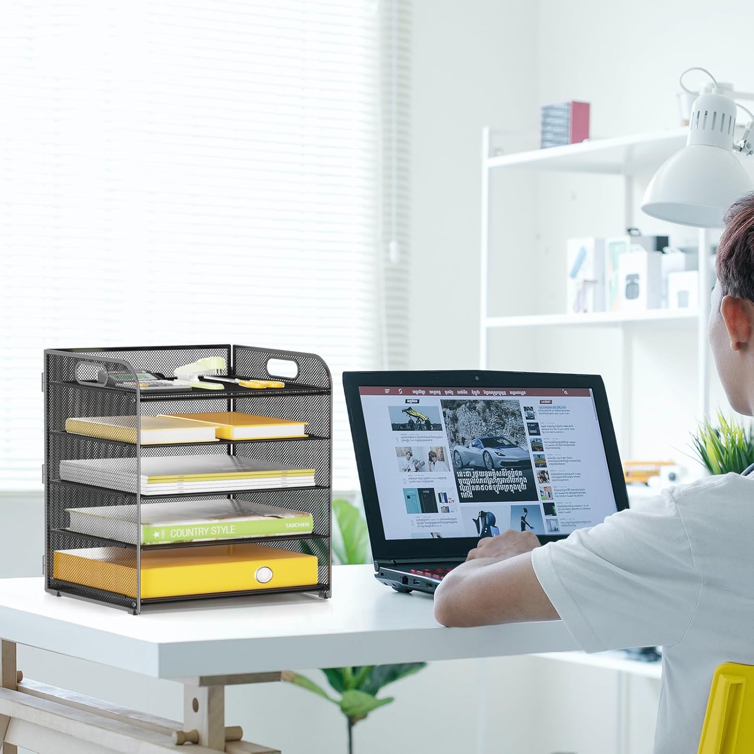 5 Tier Paper Letter Tray Organizer with Handles, Mesh Desk File Organizer Metal Paper Sorter Holder