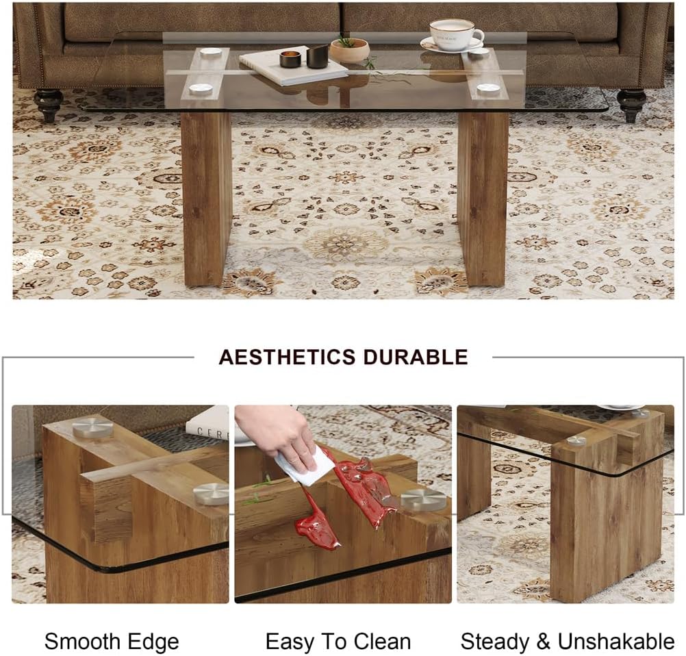 Wood Coffee Table, Coffee Table with Tempered Glass Top, Coffee Table with MDF Crossbar and Base