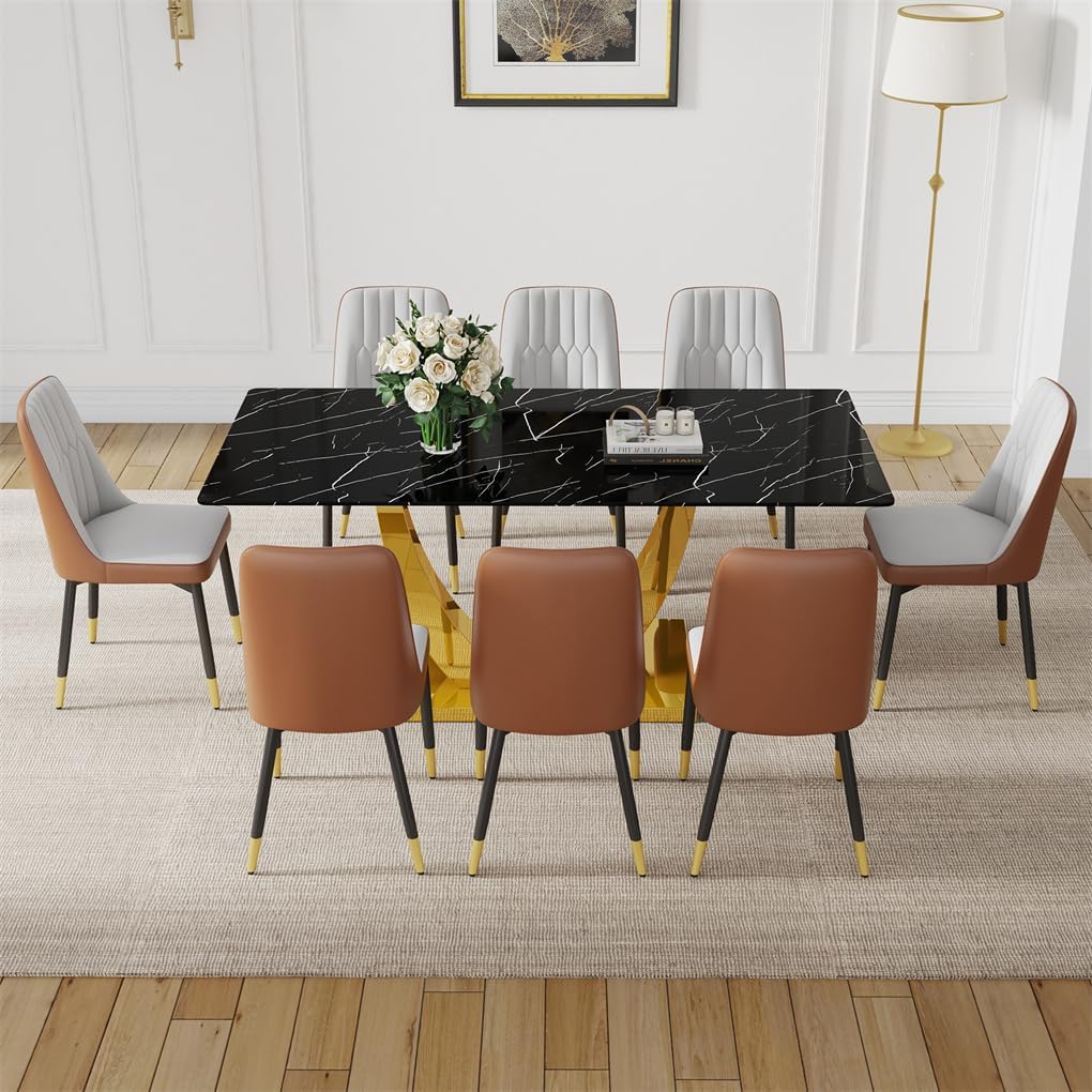 71" Dining Table Set for 8, Faux Marble Dining Room Table Top with Metal U-Shaped Leg and Base