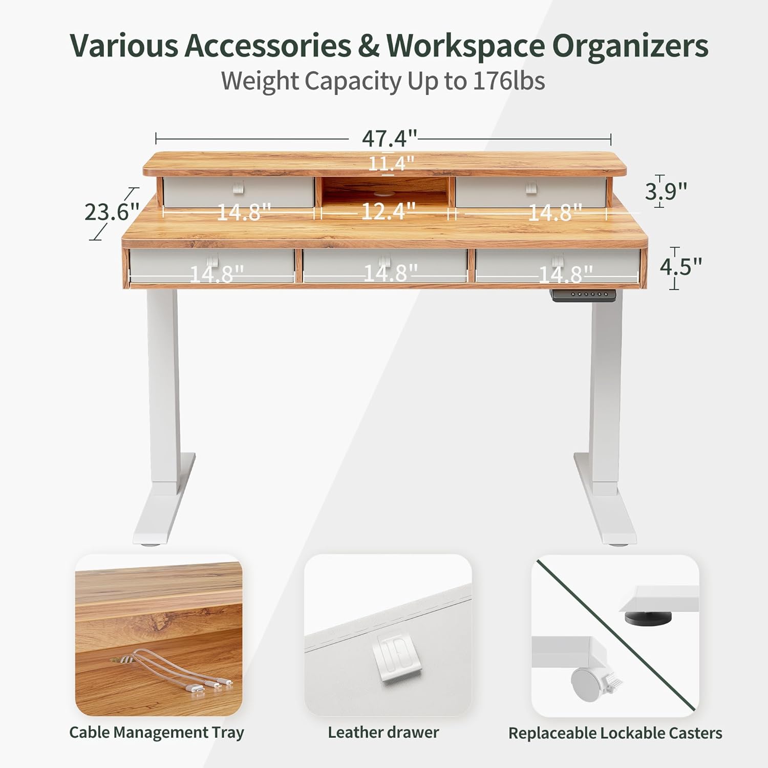 Height Adjustable Electric Standing Desk with 5 Drawers, 48 x 24 Inch Table with Storage Shelf