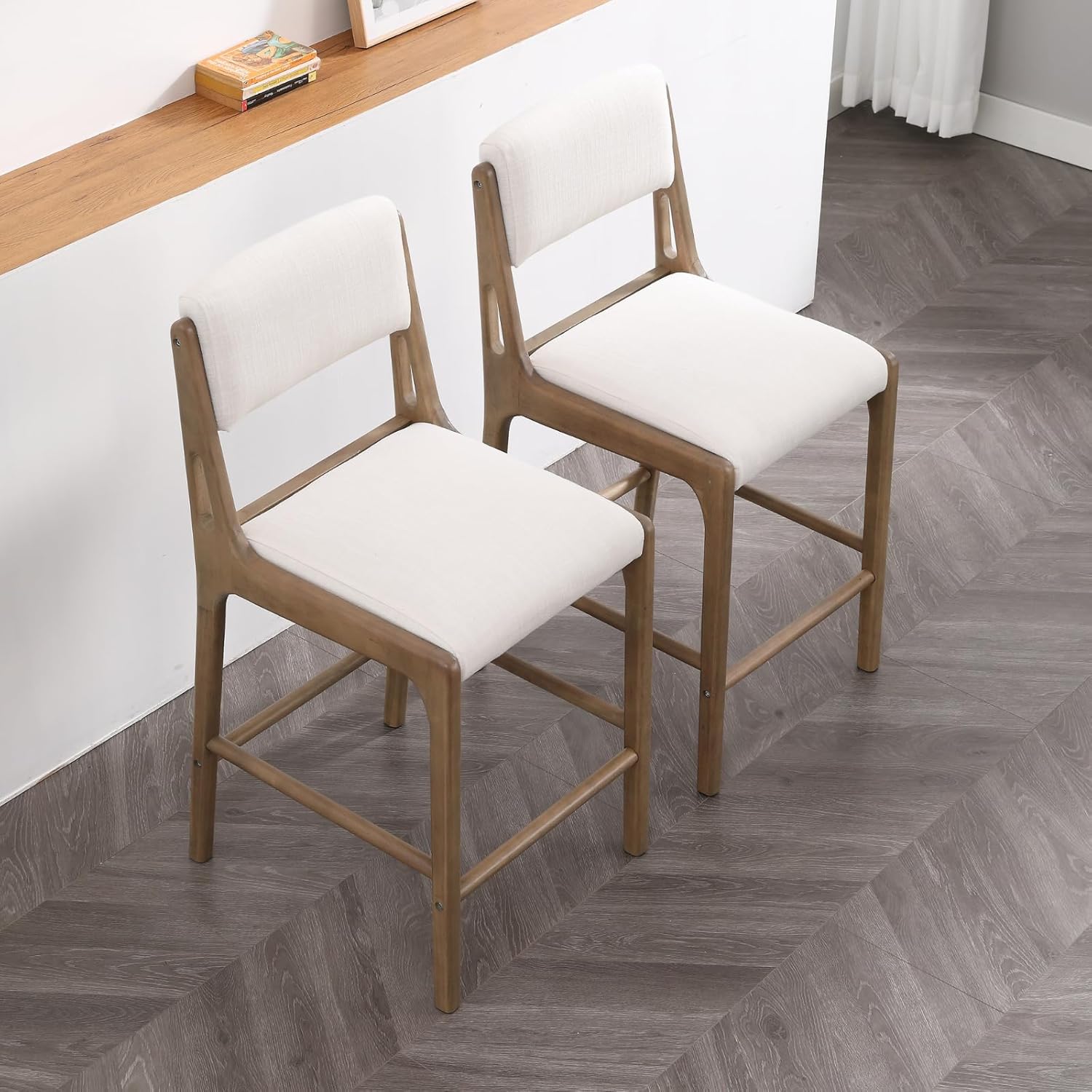 Linen Counter Height Stools Set of 2, 26" Seat Height Low Bar Stools with Natural Color Solid Wood Legs