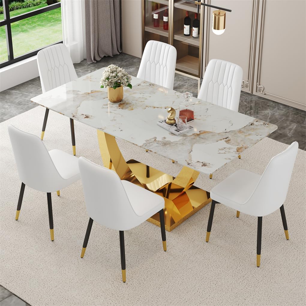 Dining Table Set for 6, 7 Pieces Rectangle Faux Marble Dining Table Set & 6 PU Upholstered Chairs