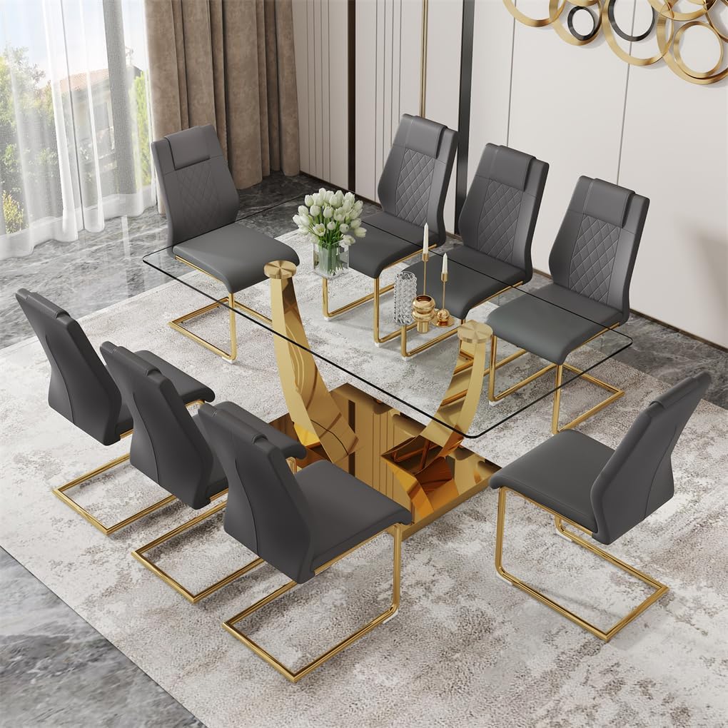 71'' Glass Dining Table Set for 8, Dining Table Set for 8, Dining Room Table Set for 8
