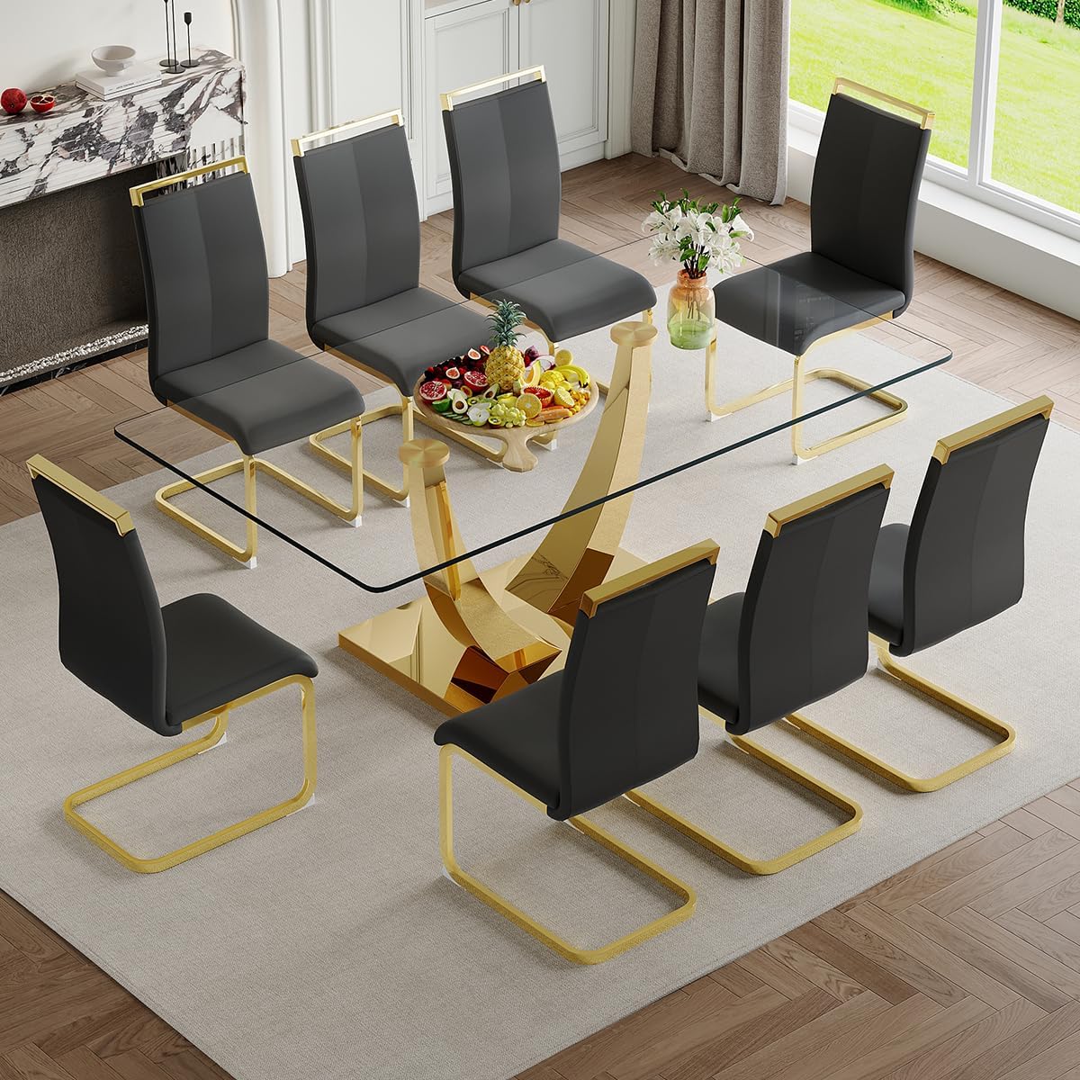 Glass Dining Table Set for 8, Dining Table Set for 8, 71" Dining Table with 8 Chairs Set 8 for Home