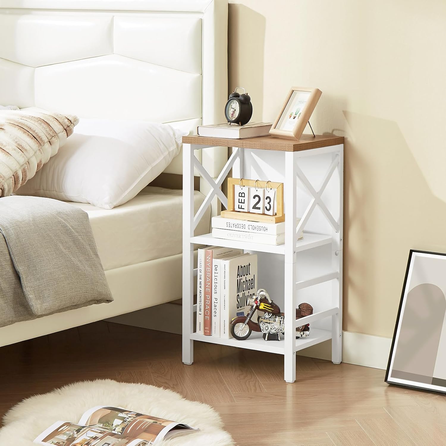 Small Bookcase,3 Tier Industrial Short Bookshelf with Metal Frame and Backboard,Low White Bookshelf