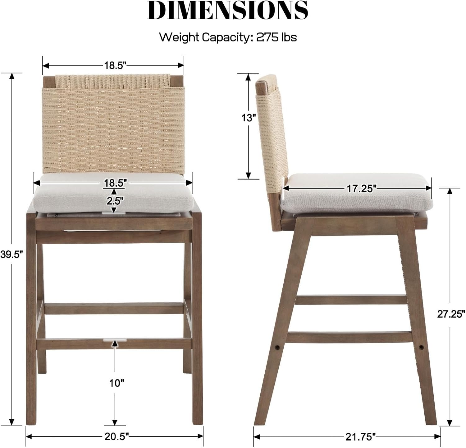 Modern Bar Stools Set of 2, 27" Counter Height Barstools with Woven Back