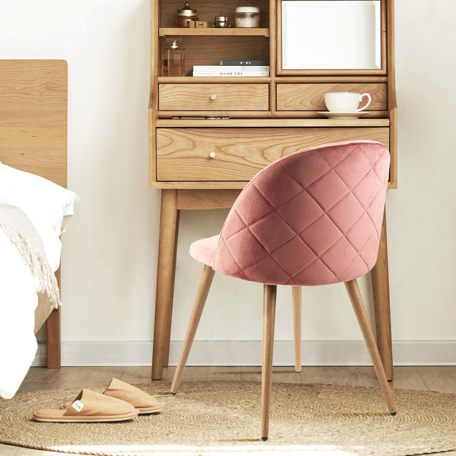 Upholstered Velvet Dining Chair Mid Back Armless with Wood Legs