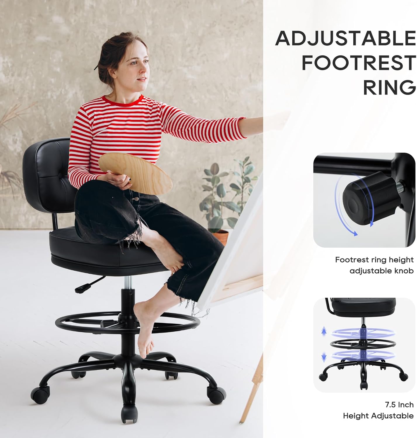 Drafting Chair-Tall Office Chair 275lbs, Standing Desk Chair with Adjustable Footrest Ring, Wide Seat, Thick Cushion and Back