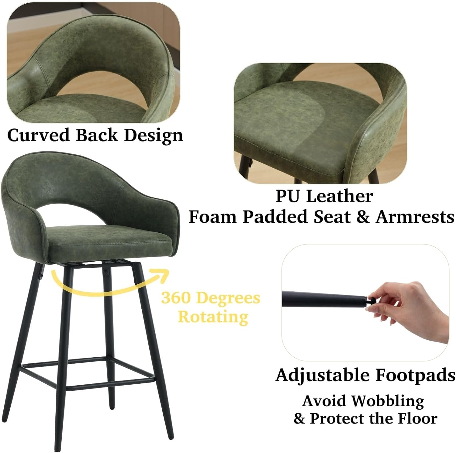 Swivel Bar Stools Set of 2, Modern 27" Counter Height Stools, PU Upholstered Kitchen Island Chair with Black Metal Legs