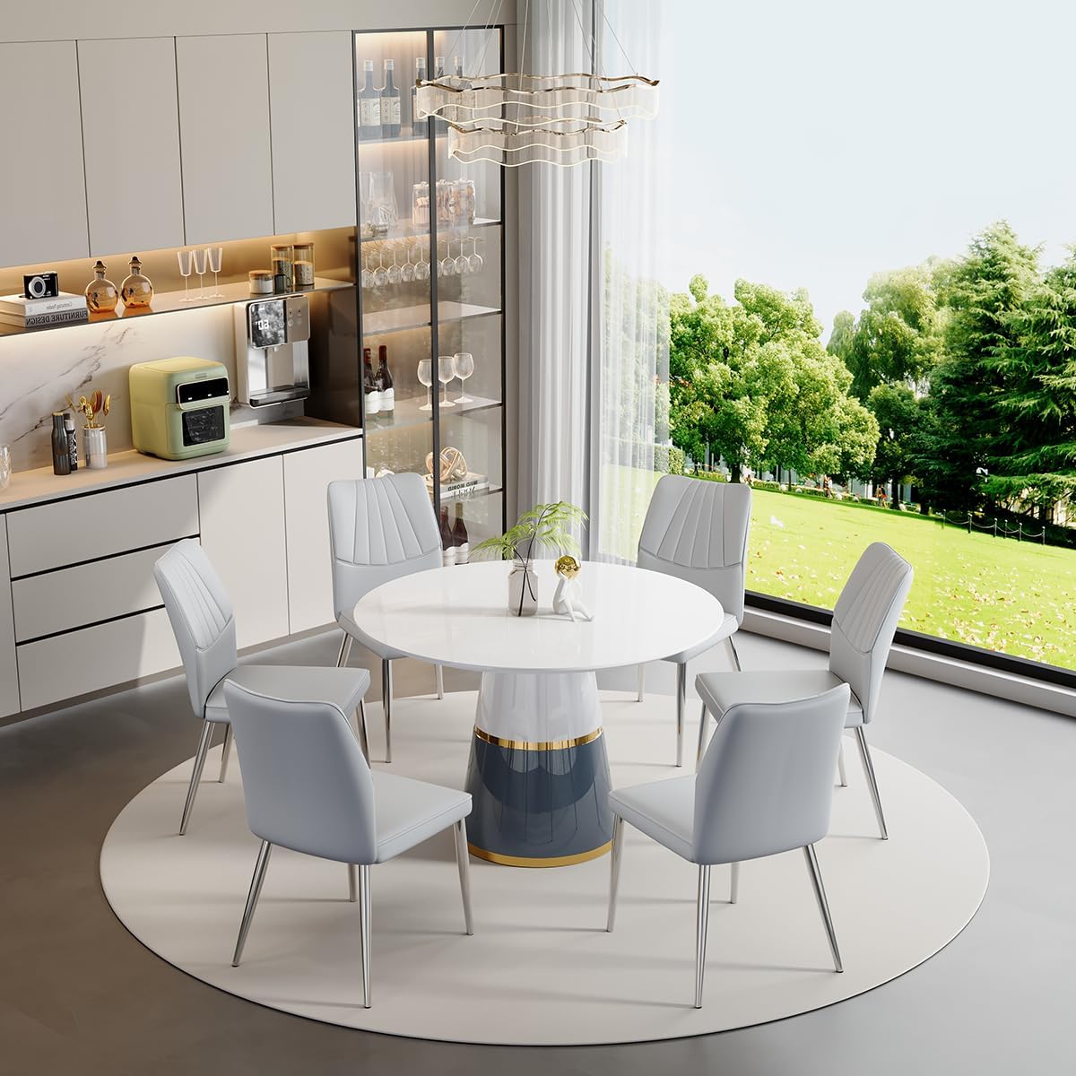 45'' Round Dining Table Set for 6, White Round Dining Table Set for 6