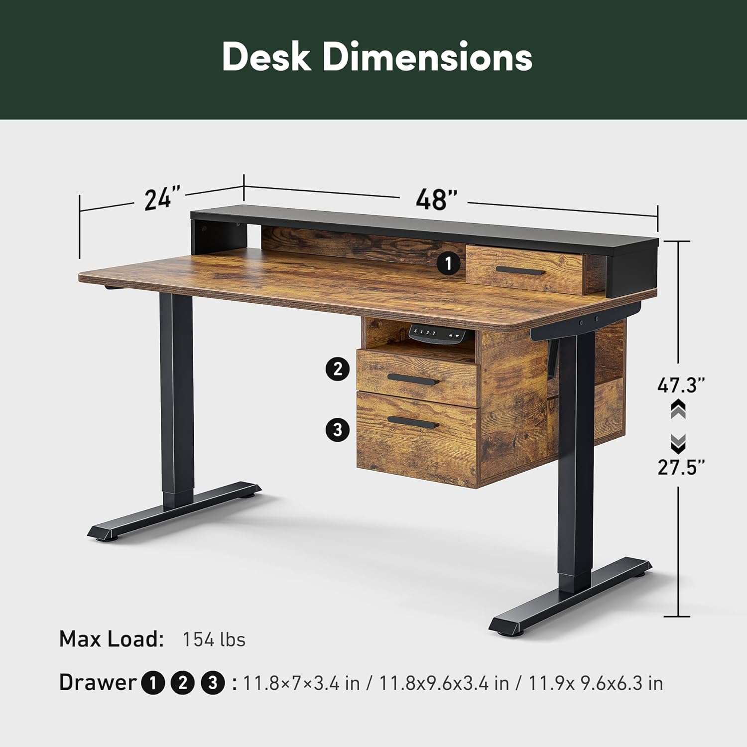 Whole-Piece Electric Standing Desk Adjustable Height with 3 Drawers, 48 x 24 inches Stand up Desk with Monitor Shelf