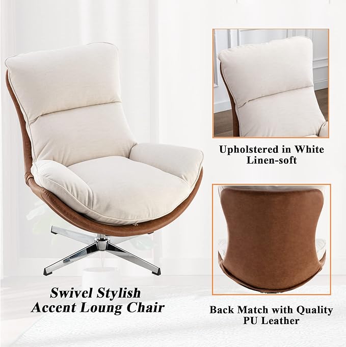 Swivel Accent Chair, Modern Linen Soft Foam Lounge Chair with High Back
