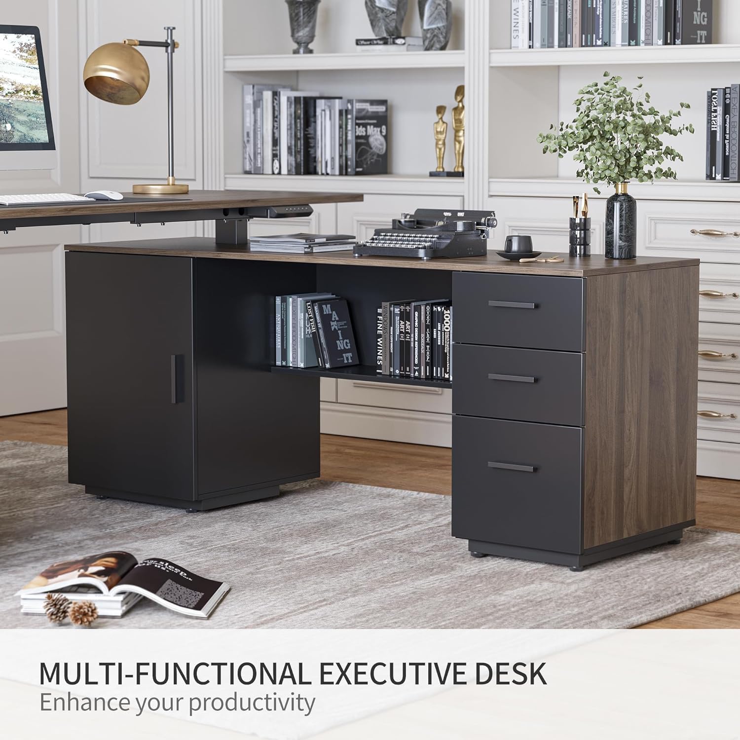 63" L Shaped Executive Standing Desk with File Cabinet