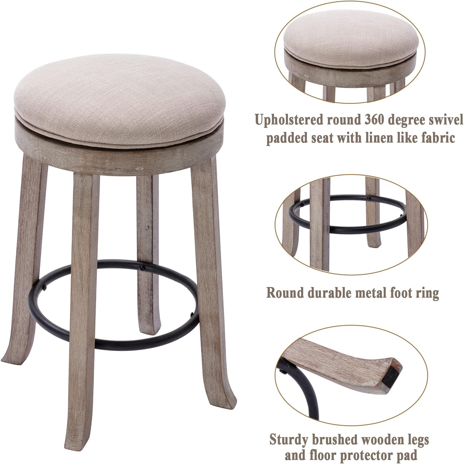 French Vintage Swivel Bar Stools Set of 2, 26” Counter Height Stools