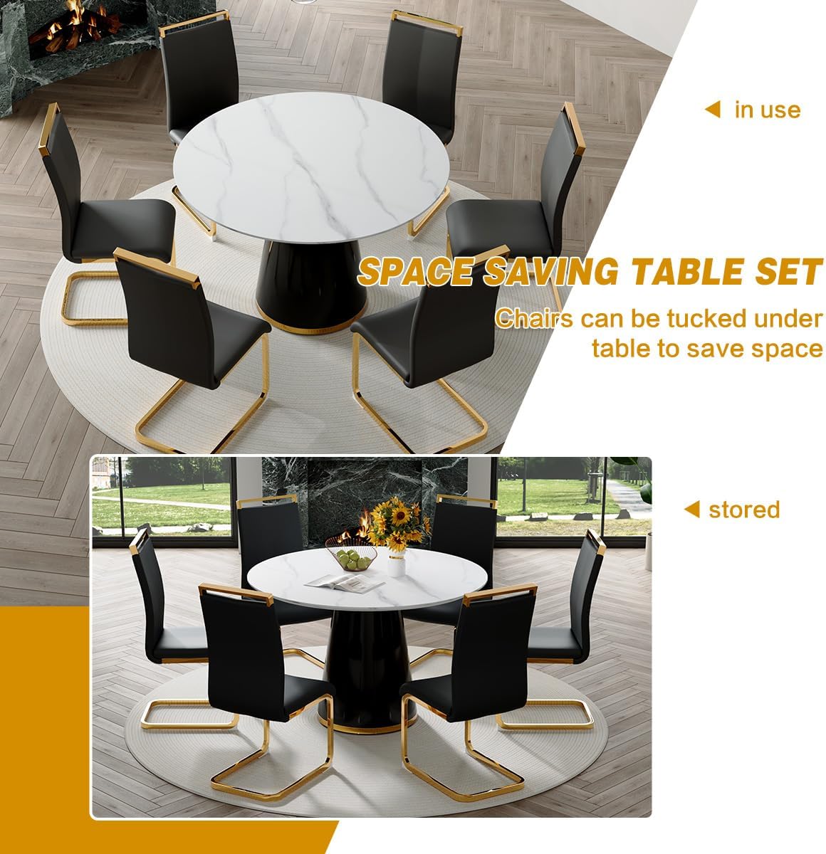 Round Dining Table Set for 6, 45'' Round Faux Marble Dining Set