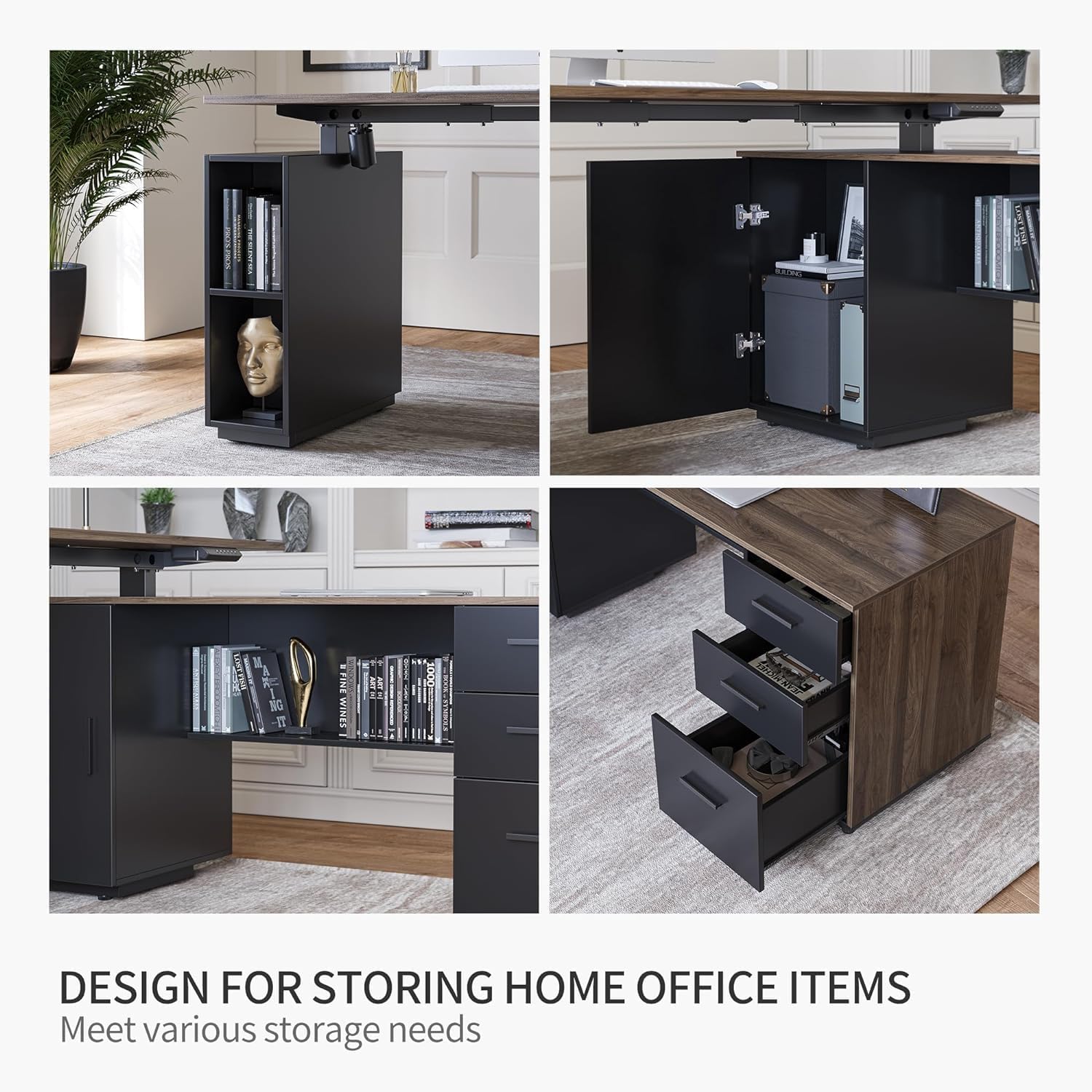 63" L Shaped Executive Standing Desk with File Cabinet