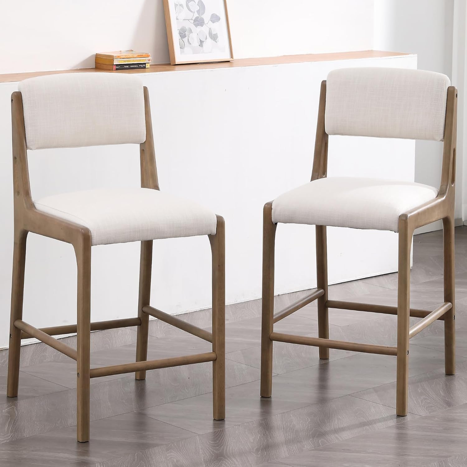 Linen Counter Height Stools Set of 2, 26" Seat Height Low Bar Stools with Natural Color Solid Wood Legs