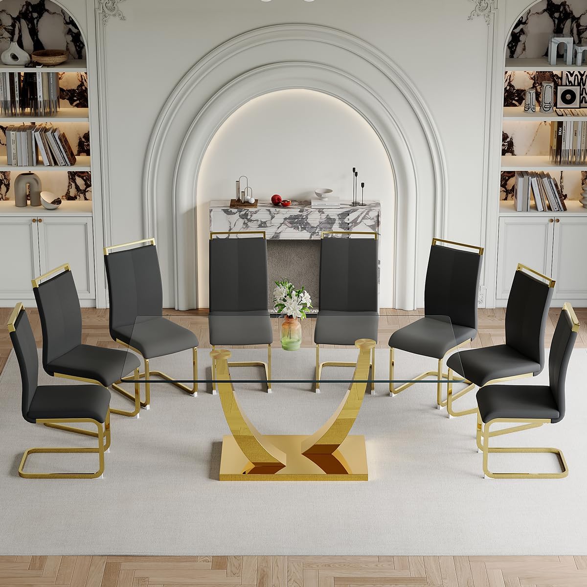 Glass Dining Table Set for 8, Dining Table Set for 8, 71" Dining Table with 8 Chairs Set 8 for Home