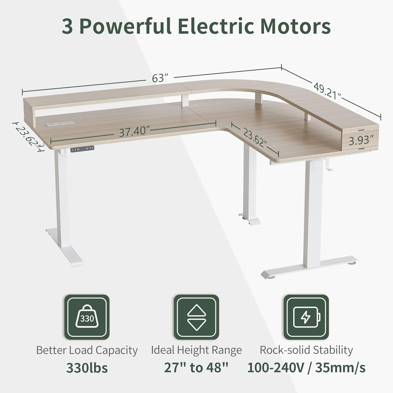 Triple Motor L Shaped Stadning Desk with LED Strip & Power Outrlets，63 inches Height Adjustable Stand up Corner Desk