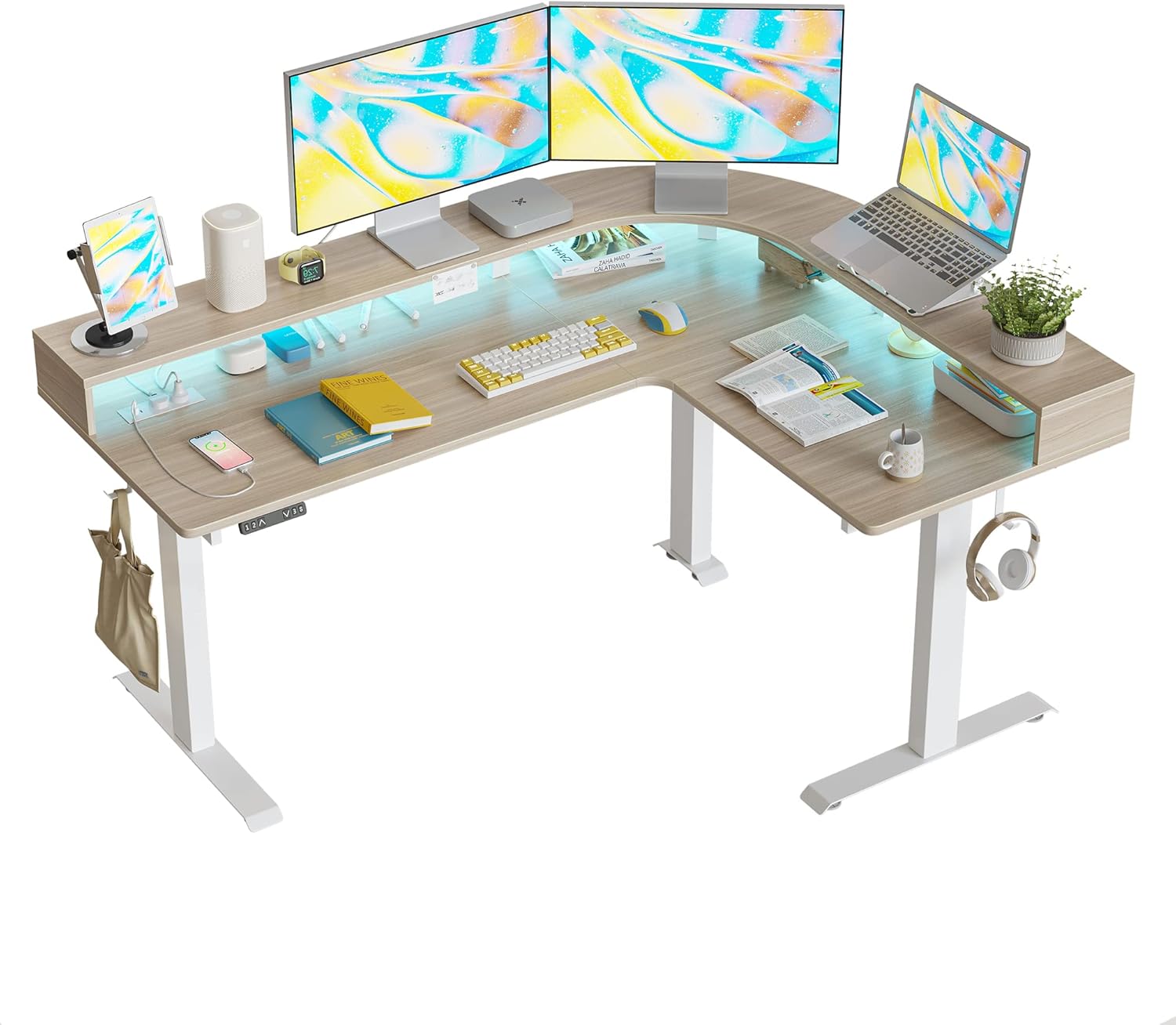Triple Motor L Shaped Stadning Desk with LED Strip & Power Outrlets，63 inches Height Adjustable Stand up Corner Desk