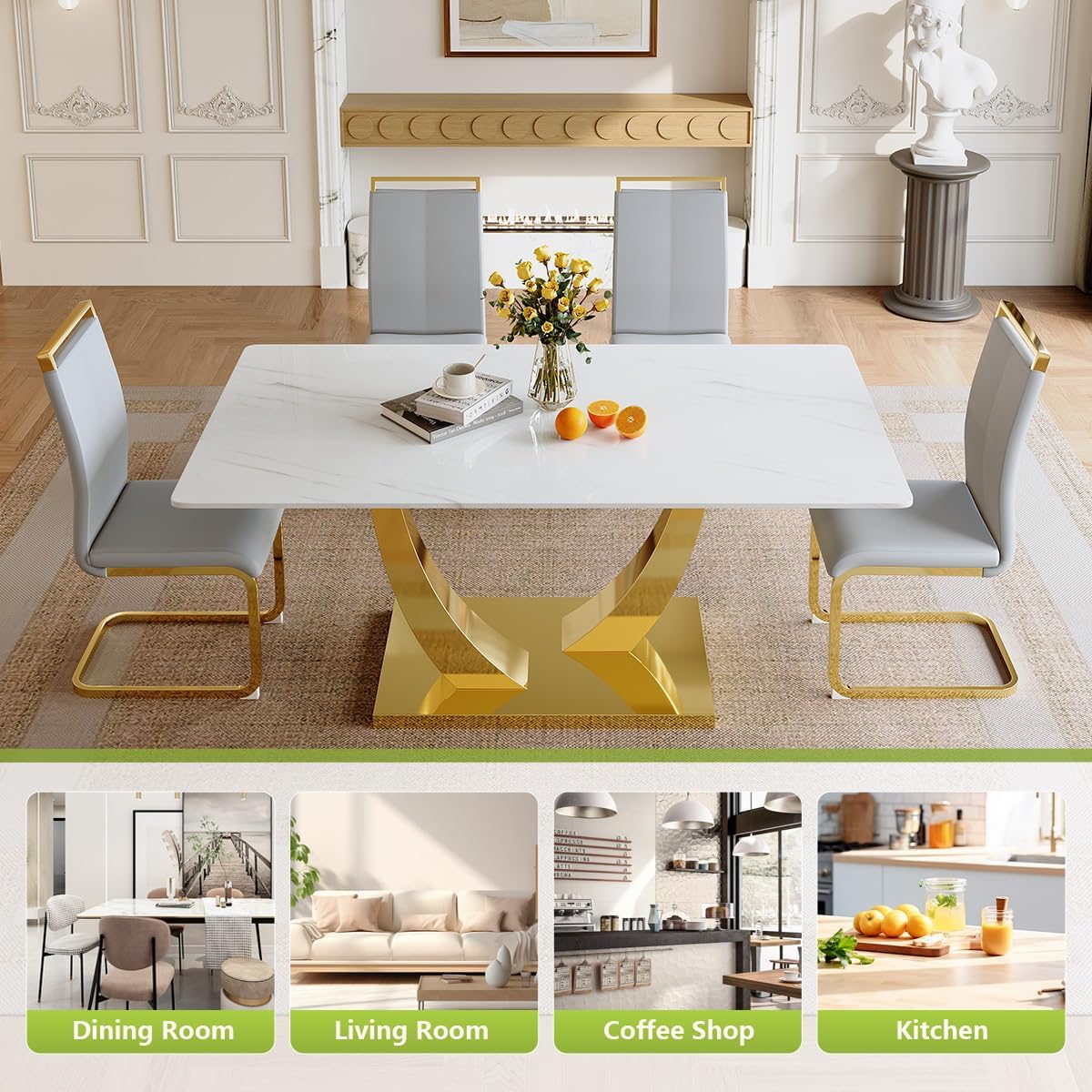 White Dining Table Set for 4, Faux Marble Dining Table with Stainless Steel Leg and Base