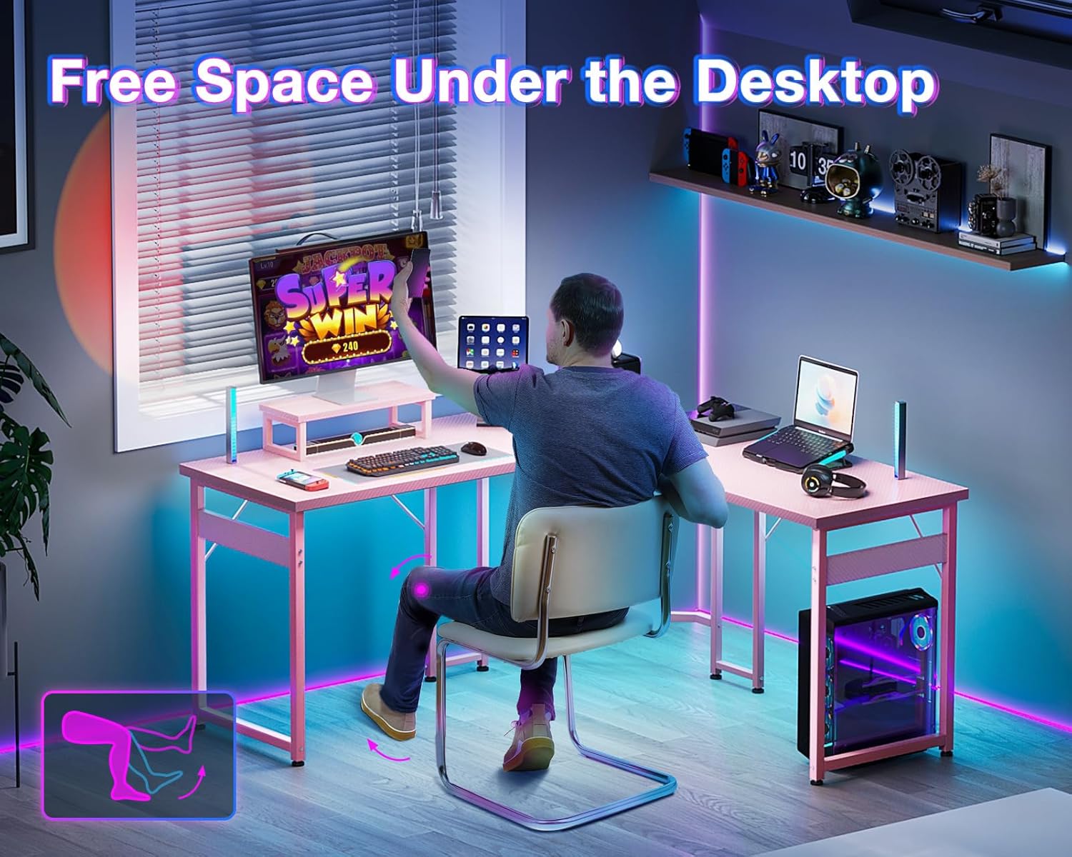 L Shaped Gaming Desk with Monitor Stand, Corner Desk Gaming Table for Home Office, Computer Desk Sturdy Writing Workstation