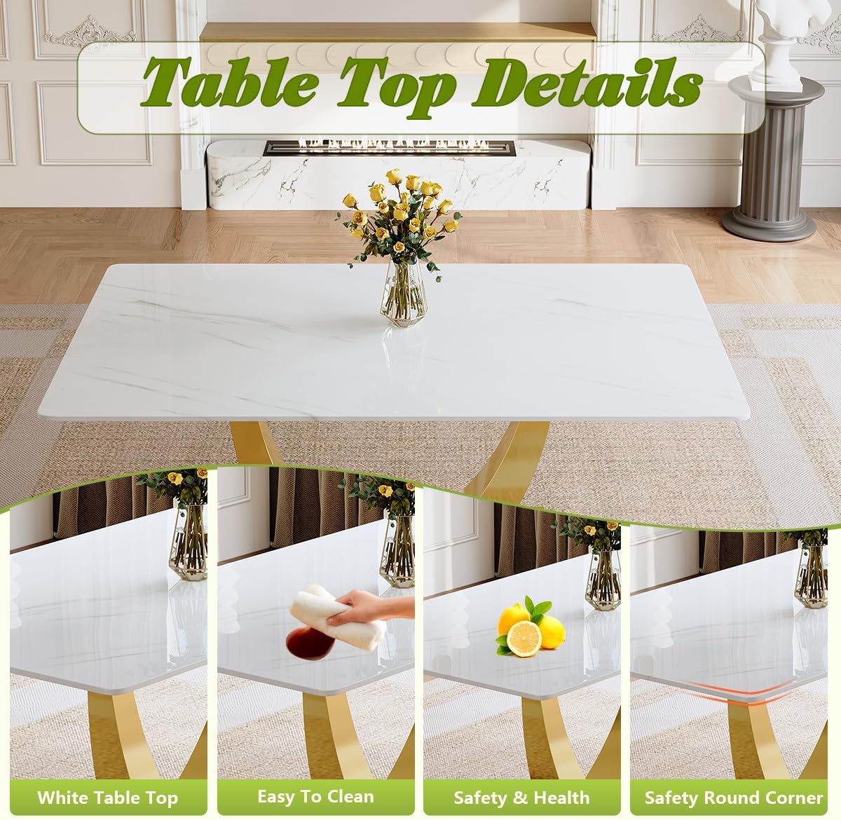 White Dining Table Set for 4, Faux Marble Dining Table with Stainless Steel Leg and Base