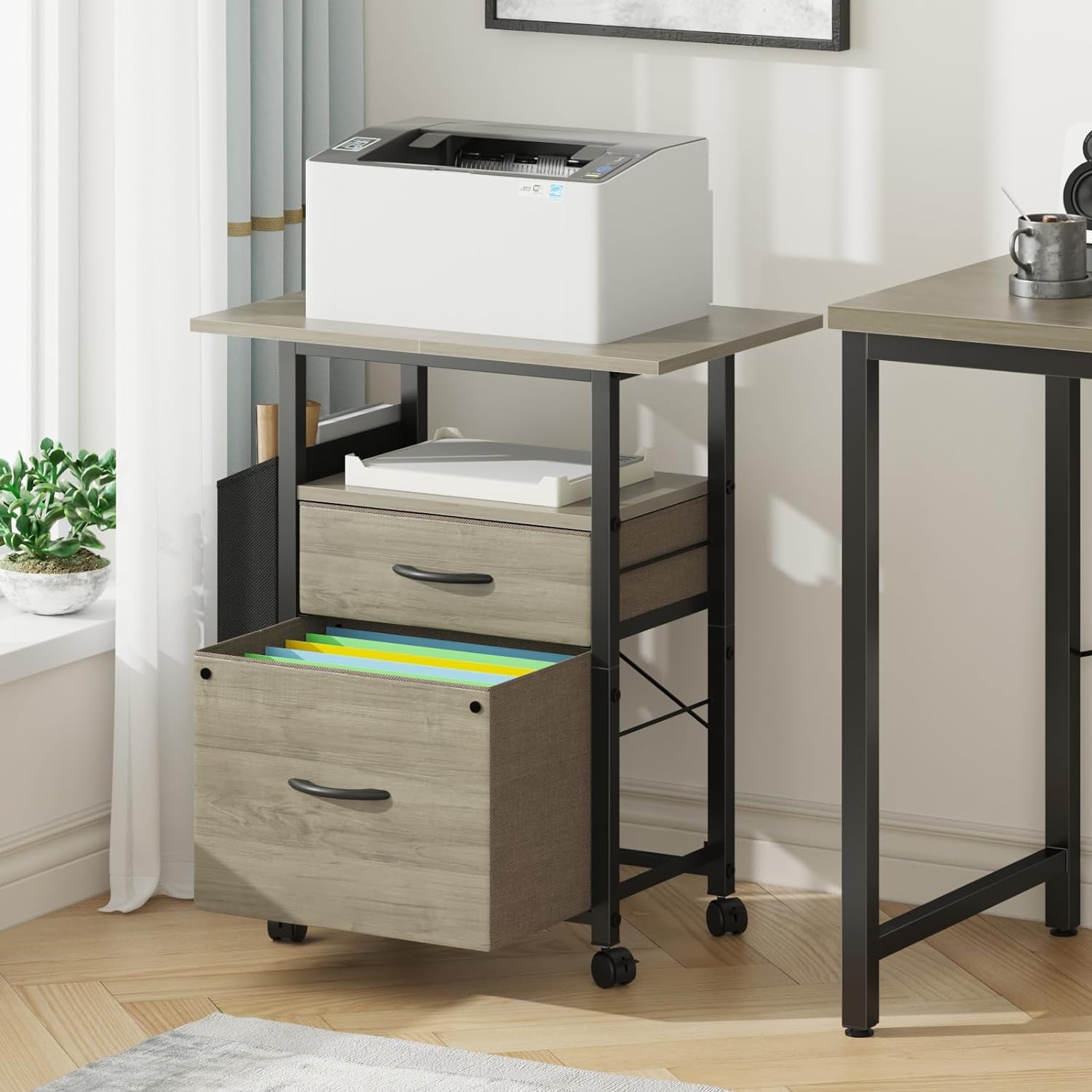 2 Drawer File Cabinet with 24'' Extended Desktop, Mobile Filing Cabinet, Rolling File Cabinet with Side Bag