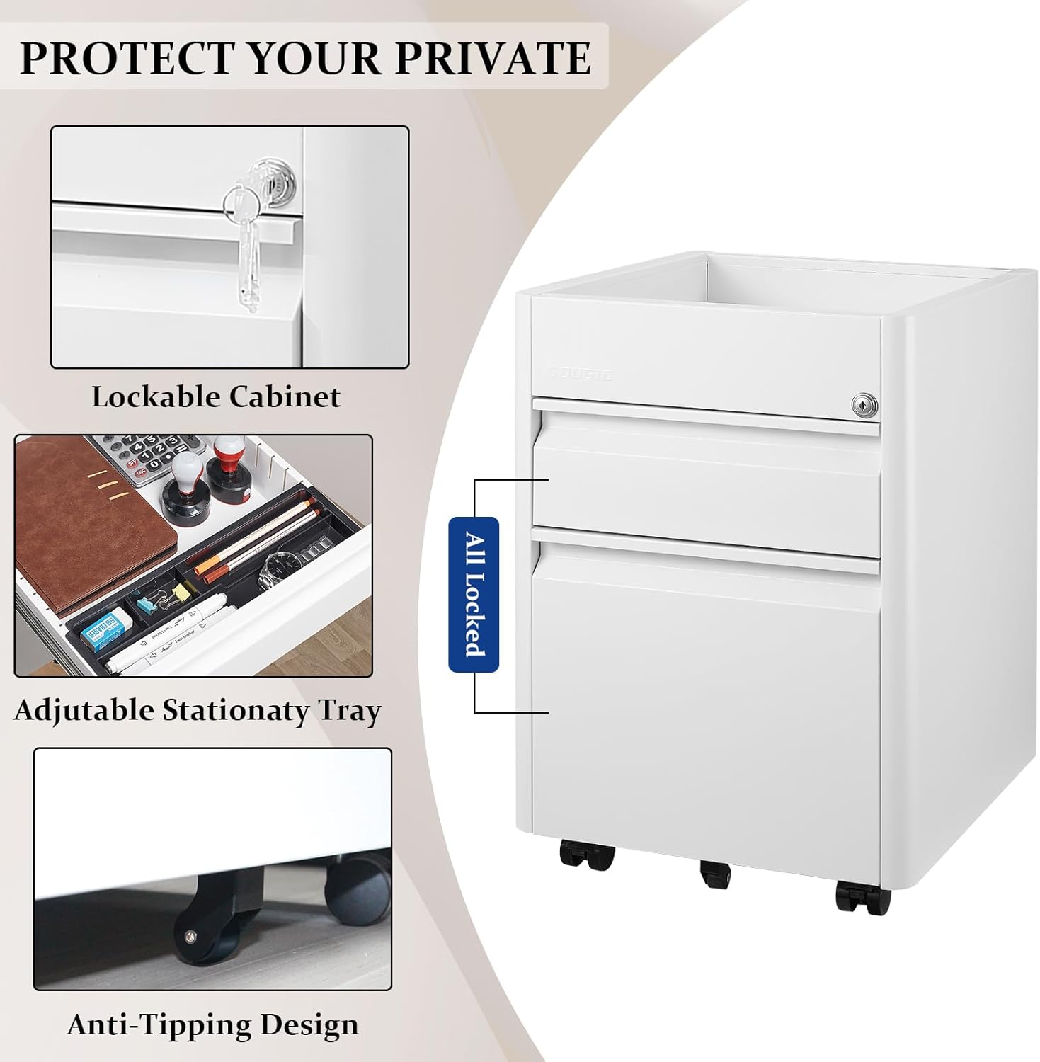 2 Drawer Mobile File Cabinet Top Storage Shelf, Rolling Metal Filing Cabinet for Legal & Letter File Anti-tilt Design with Lock