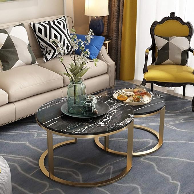 Set of 2 Stackable Round Coffee Table/Side Table Metal Golden Frame & Marble Desktop