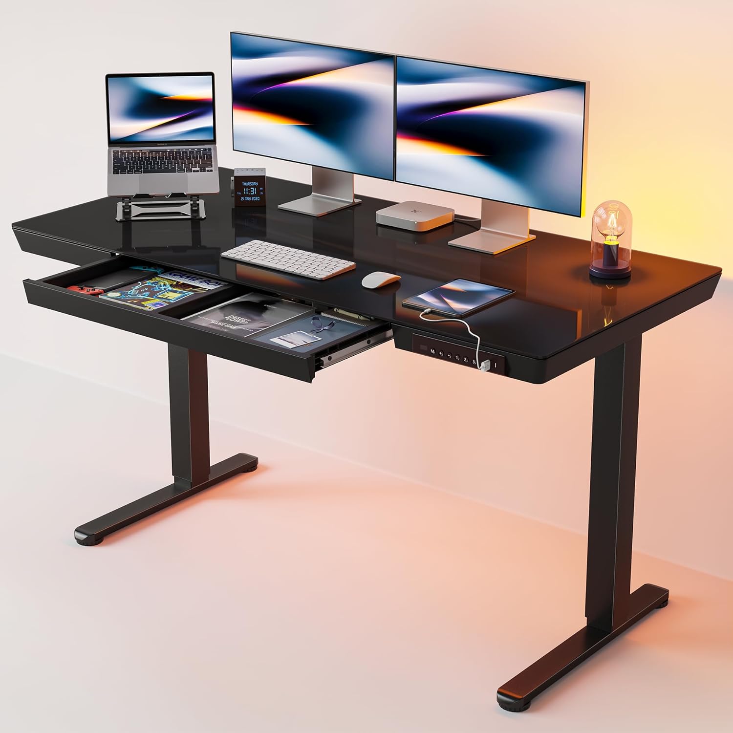 55 × 24 Electric Standing Desk with Drawers, Whole-Piece Glass Adjustable Height Desk