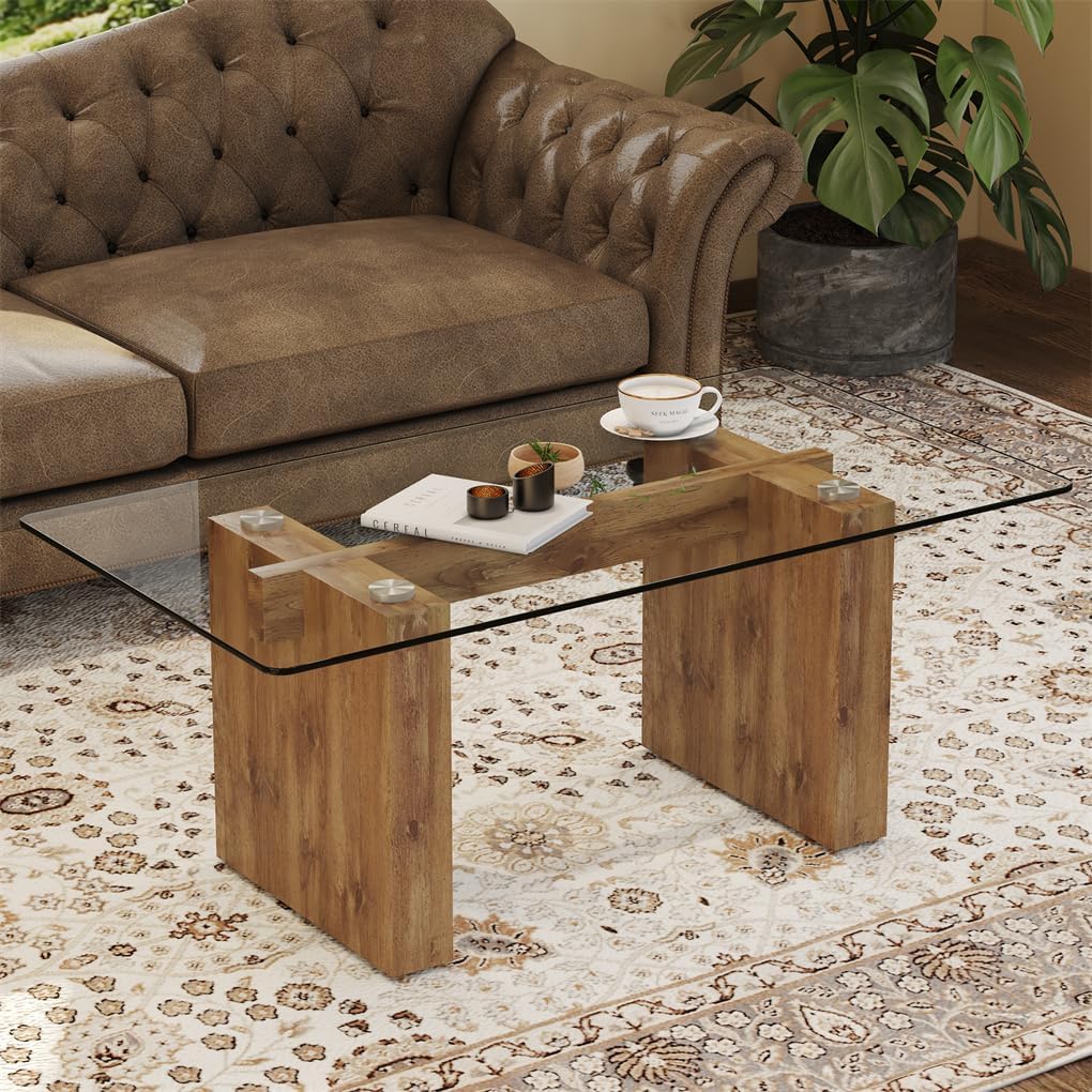 Wood Coffee Table, Coffee Table with Tempered Glass Top, Coffee Table with MDF Crossbar and Base