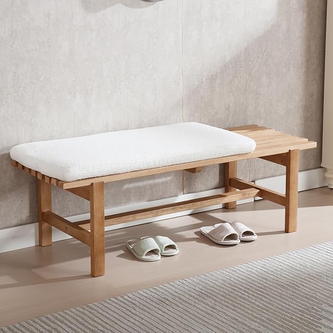 51'' L Wood Ottoman Bench, Modern 2-Person Sherpa Dining Bench Upholstered End of Bedromm Bench