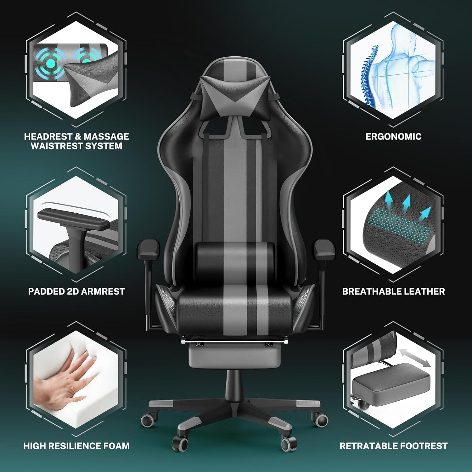 Grey Gaming Chair with Footrest, Leather Ergonomic Gaming Chairs for Adults