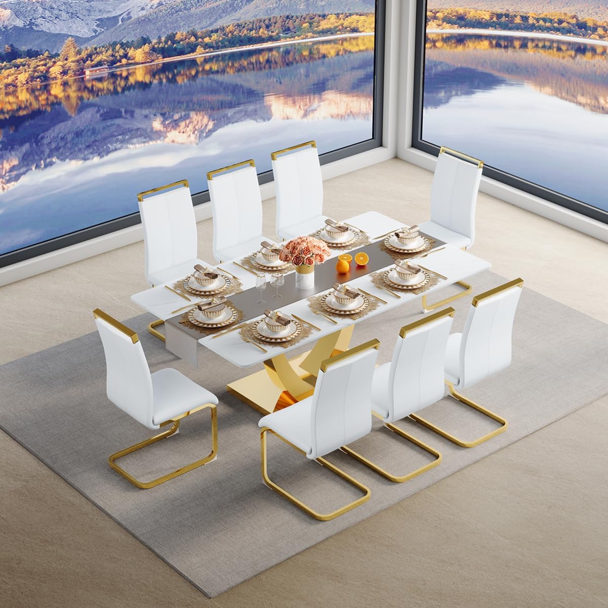 71'' Dining Table Set for 8, Modern Dining Table Set 8
