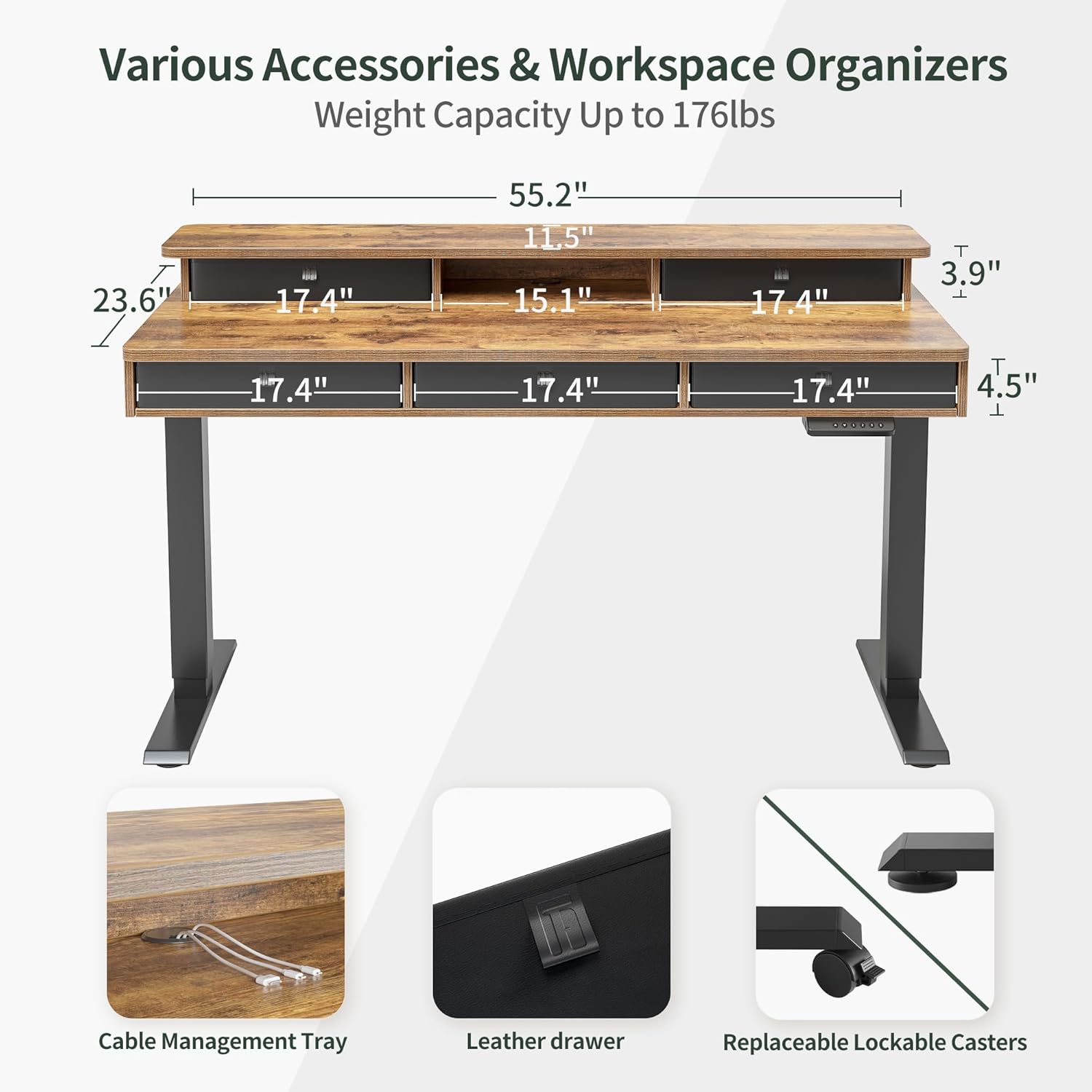 Height Adjustable Electric Standing Desk with 5 Drawers, 55 x 24 Inch Table with Storage Shelf