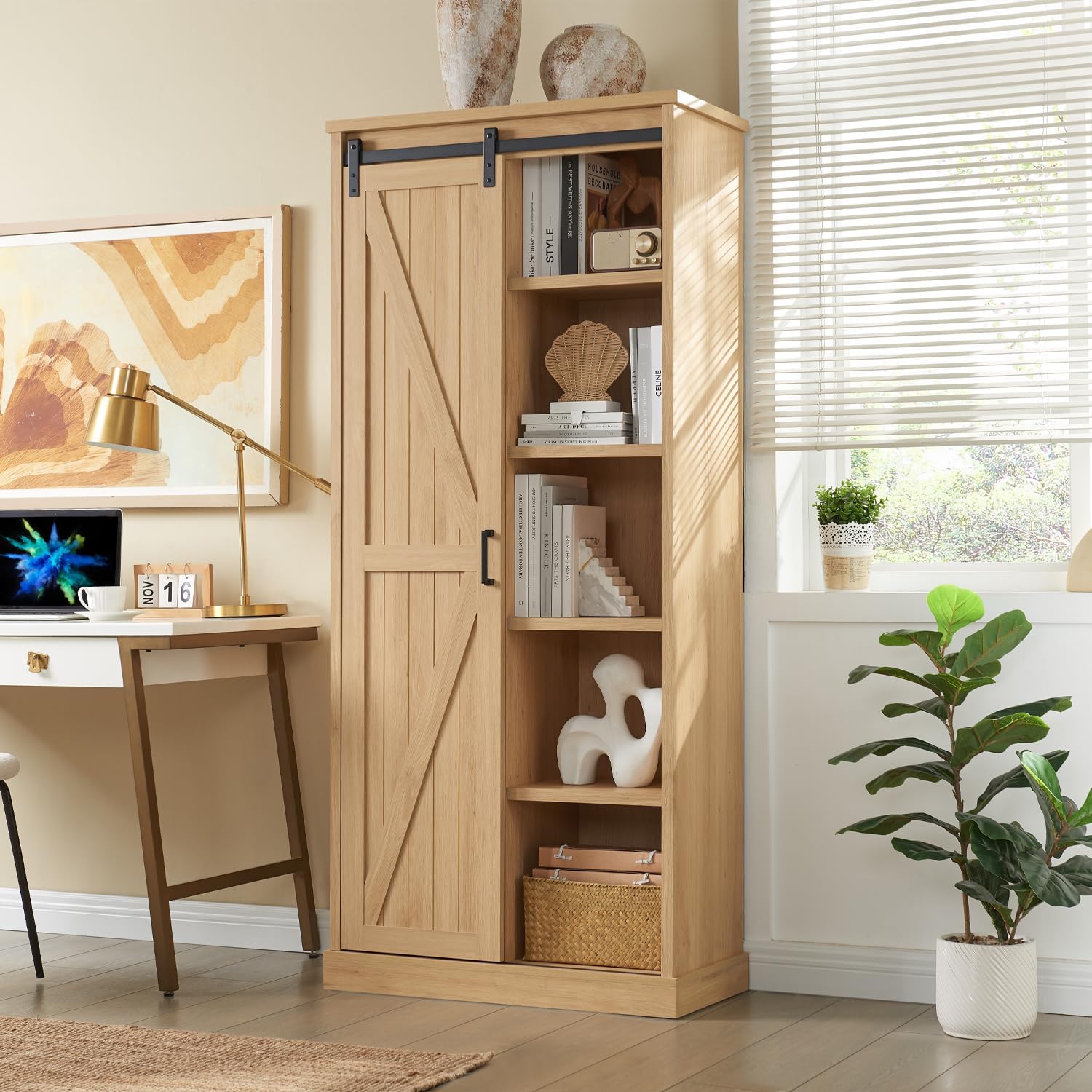72” Tall Farmhouse Bookshelf, 32” Wide Large Modern Wooden Bookcase with Sliding Barn Door